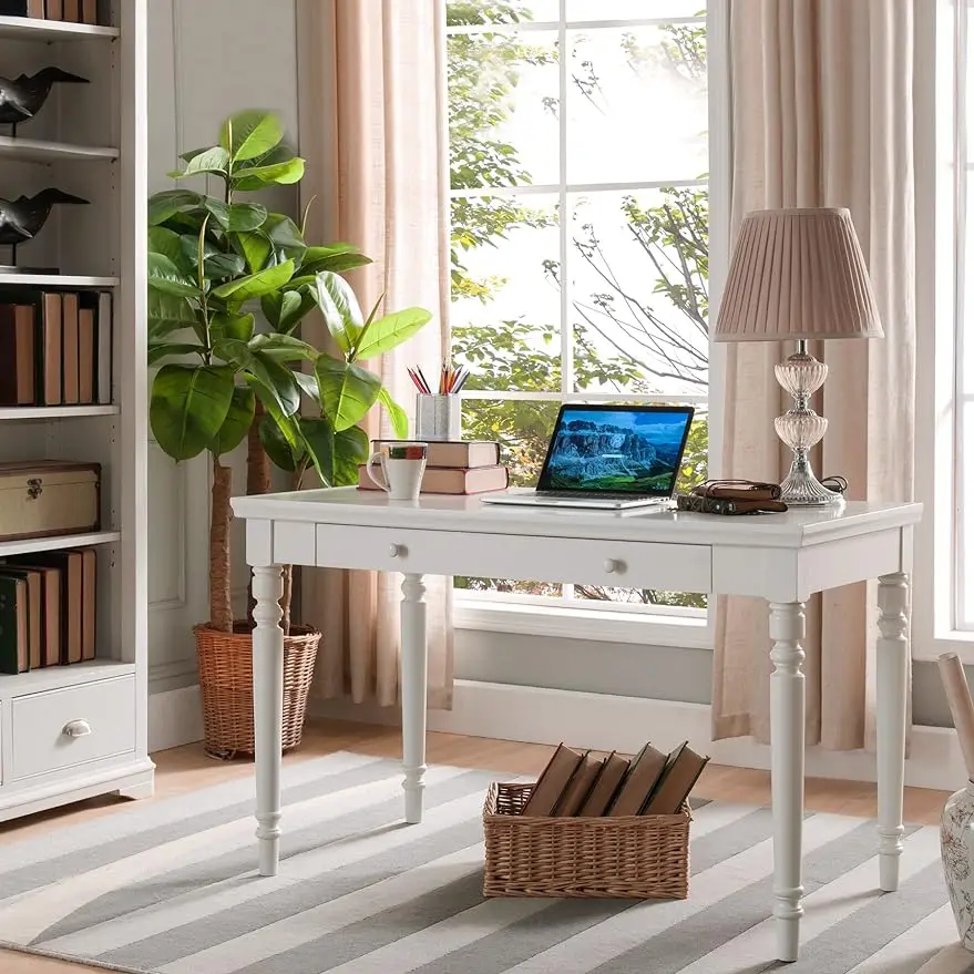 Cottage White Turned leg Laptop Desk with Center Drawer, White