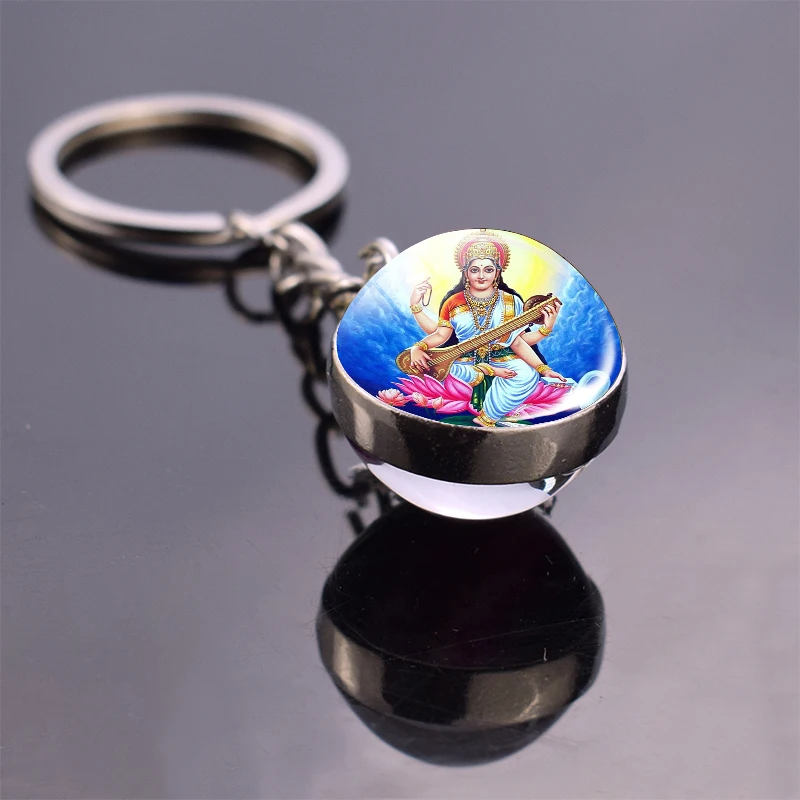 Hinduism Keychains Glass Ball Pendant Ganesha Lakshmi Shiva Goddess of Wealth Key Chains Amulet Indian Buddhist Jewelry