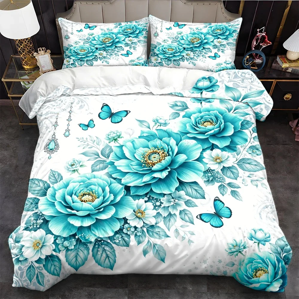 3Pc Blue Floral Butterfly Duvet Cover Set, Three-Piece Bed Set (1*Duvet Cover + 2*Pillowcases), Suitable for All Seasons, Machine Washable, Invisible Zipper Design, Suitable for Large Double Beds, Suitable for Home, Dormitory, Master Bedroom, Guest Room, Exquisite Blue Floral Butterfly Pattern, Fresh and Elegant Bedding Set, Comfortable and Skin-Friendly Bedding, Creating a Cozy Sleep Space, Hot-Selling Bedding Set with 2D Flat Print