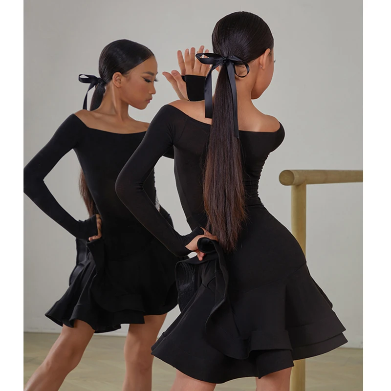 New ZYM Latin Dance Dress Girls Competition Clothing Crystal Waist Kids Long Sleeves Pink Black Dress Practice Performance Wear