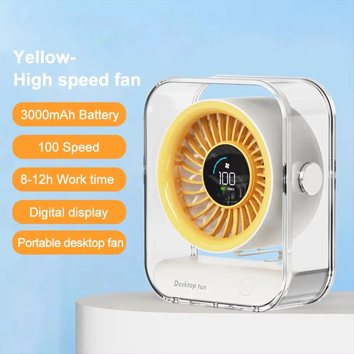 Mini Desktop Fan Office LED Digital Desktop Fan 3000mAh USB Rechargeable 100 Speeds Big Wind Quiet Circulation Fan A
