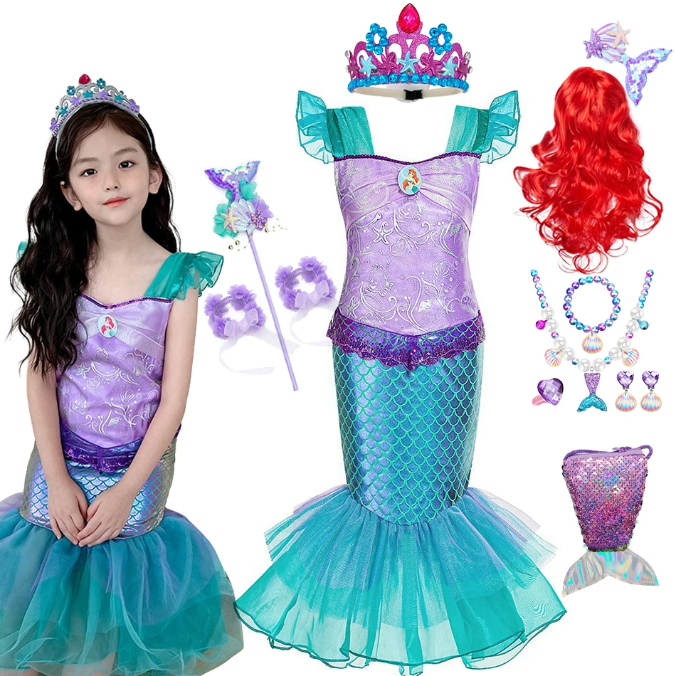 Disney Princess Mermaid Ariel Cosplay Costume Girls Children's Day Stage Performance Fancy Outfits Halloween Disguise Dress