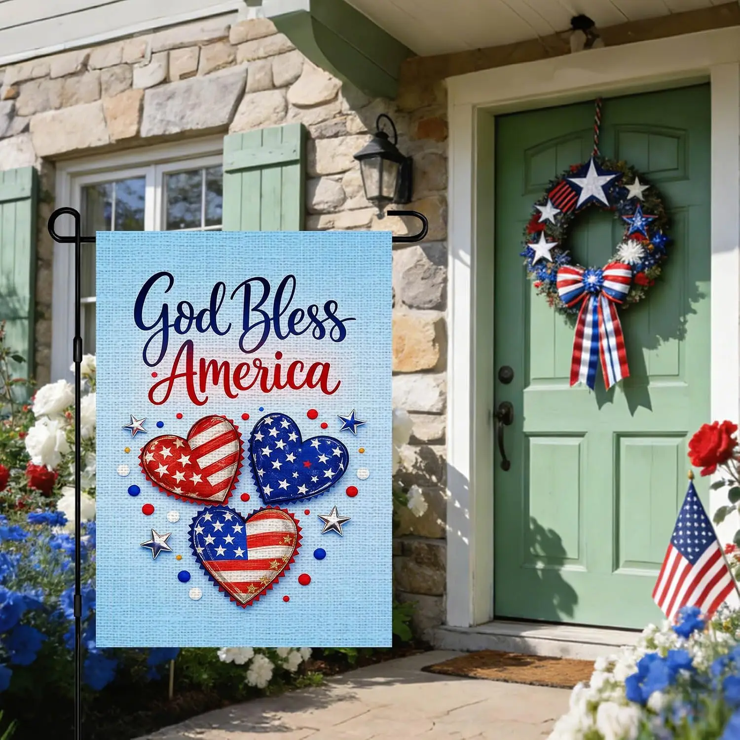4th of July God Bless America Garden Flag 12x18 Inch Burlap Double Sided Red Blue Heart Stars Flag Yard Patriotic Independen kkz