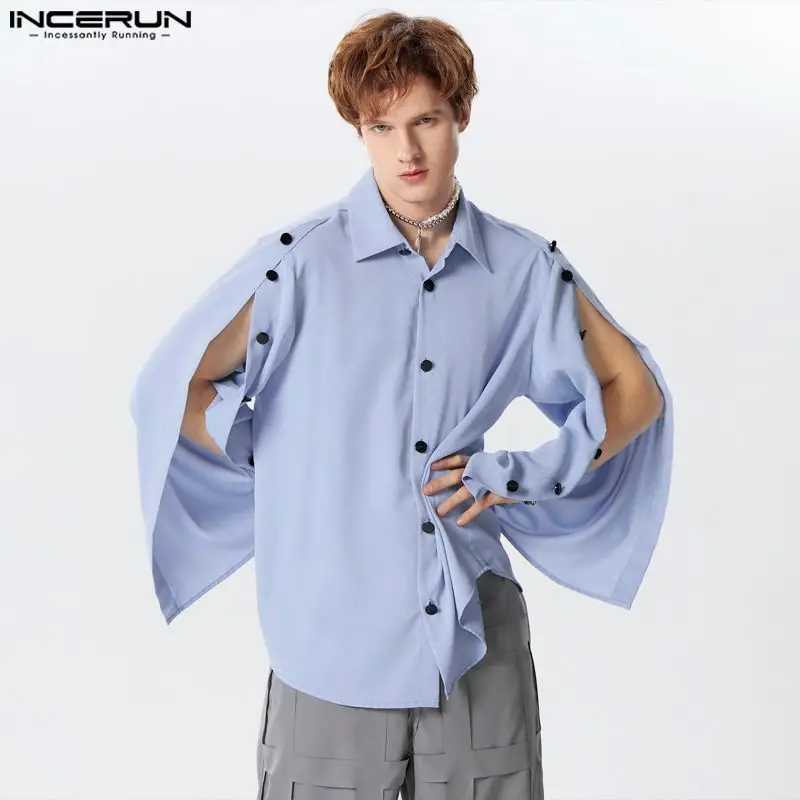 Men\'s Shirt Solid Color Lapel Split Long Sleeve Button Streetwear Men Clothing Loose 2024 Fashion Casual Camisas S-5XL INCERUN