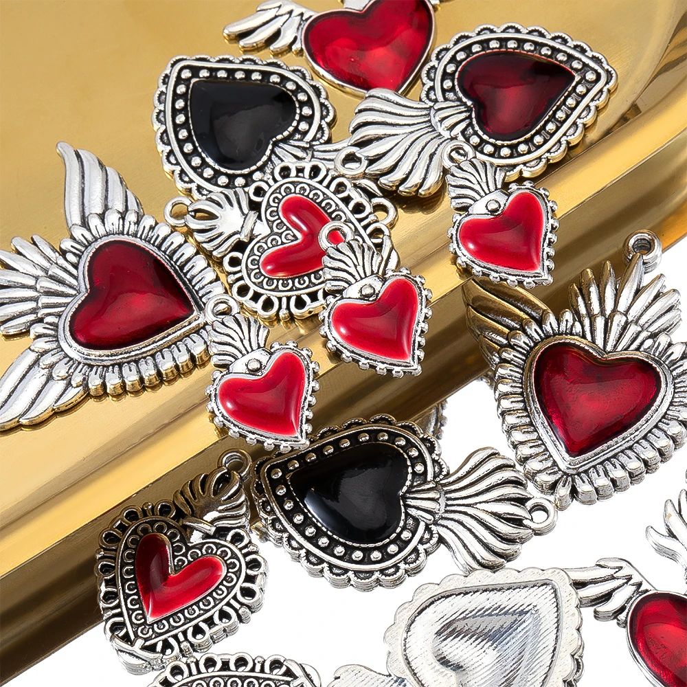 5pcs Y2K Dark Red Crystal Pendants Baroque Heart Wings Bow Rhinestone Charms Jewelry Making DIY Necklaces Keychains Accessories