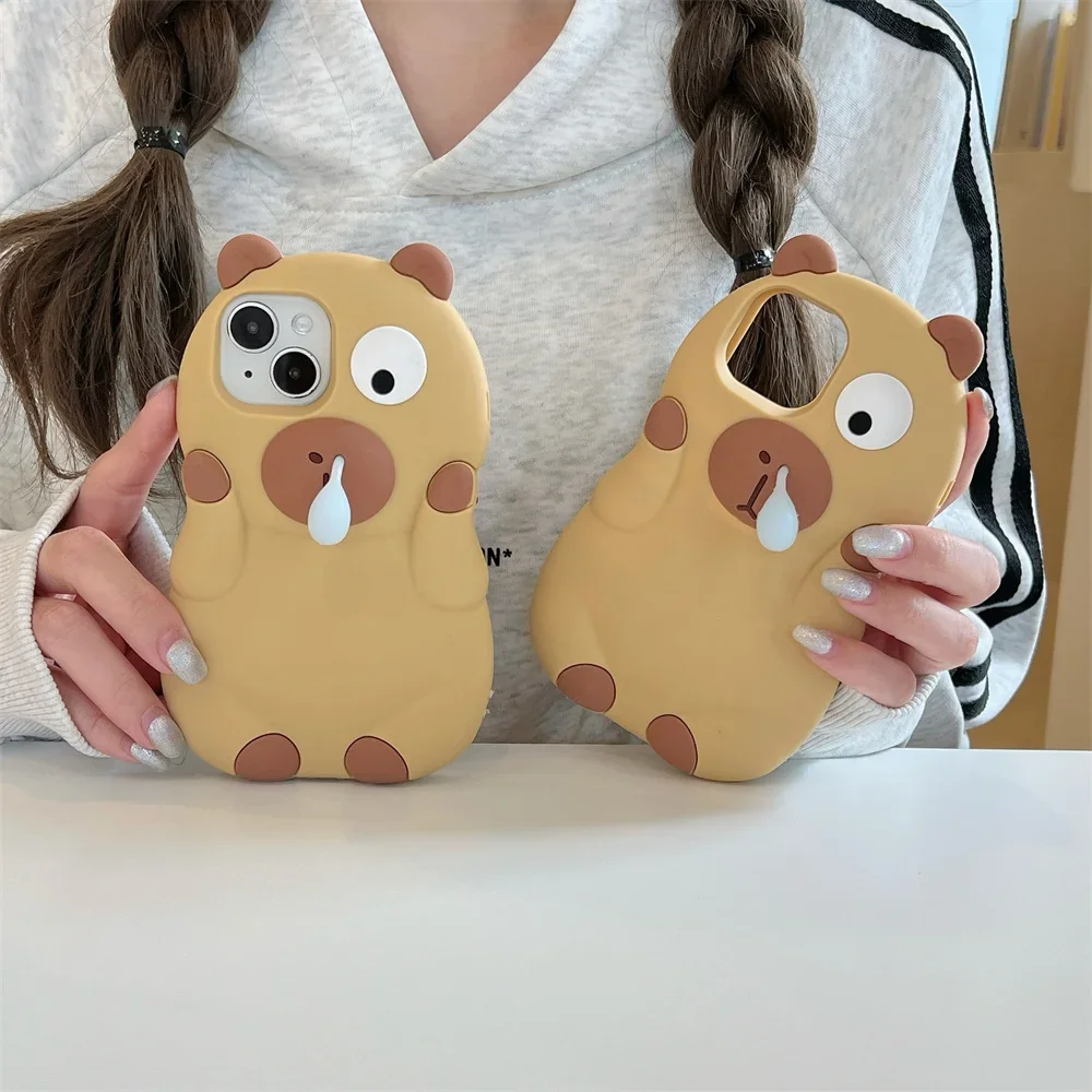 Soft Silicone Cartoon Cute  3D Kapibala  Phone Case for IPhone16 15 14 13 12ProMax Anti-drop High Quality Shockproof Cover Cases