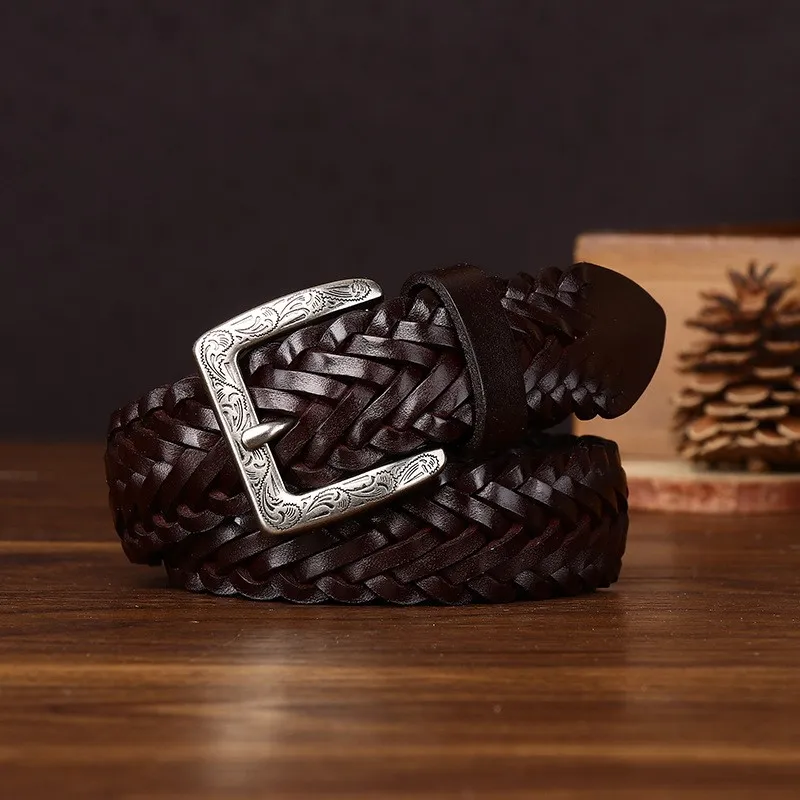 Hand-woven leather top layer belt for women versatile couple's