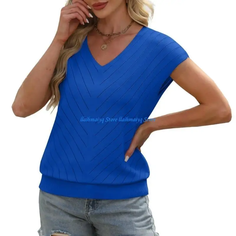 573B Suéter manga corta para mujer, cuello en V, Top Color sólido, ropa para vacaciones en playa, Camisa punto