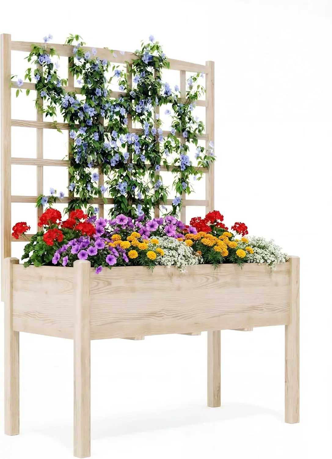 Bac à légumes surélevé avec treillis et pieds en bois - Jardinière surélevée avec film de plantation, idéal pour jardin, terrasse et balcon - Parfait pour les plantes grimpantes, les légumes, les fleurs et les herbes - 165X59X40Cm
