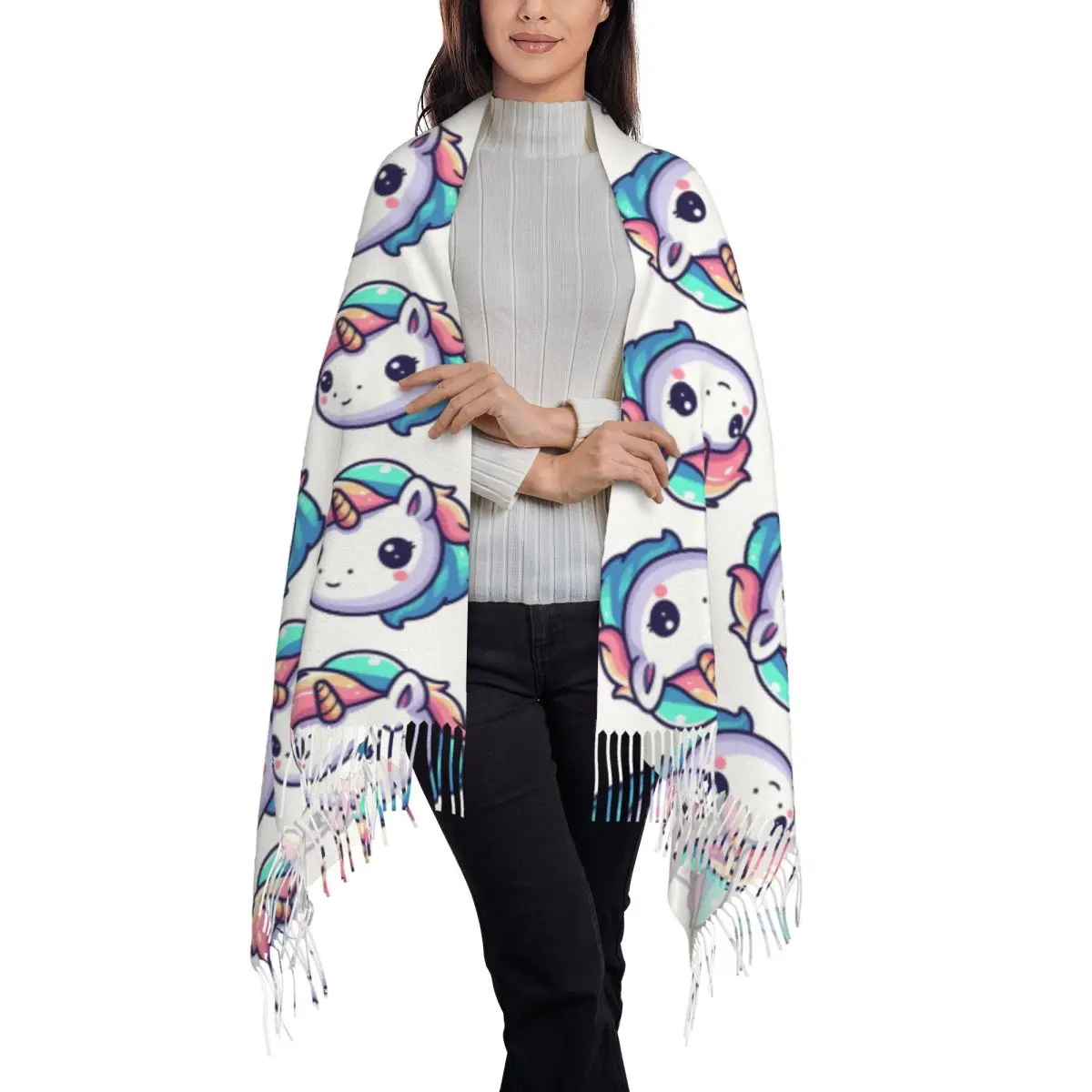 Pegasus Fantasy Cute Cartoon Unicorn Scarf Tassel Scarves for Women Soft Warm Shawls and Wraps Long Fall Winter Shawl Wrap