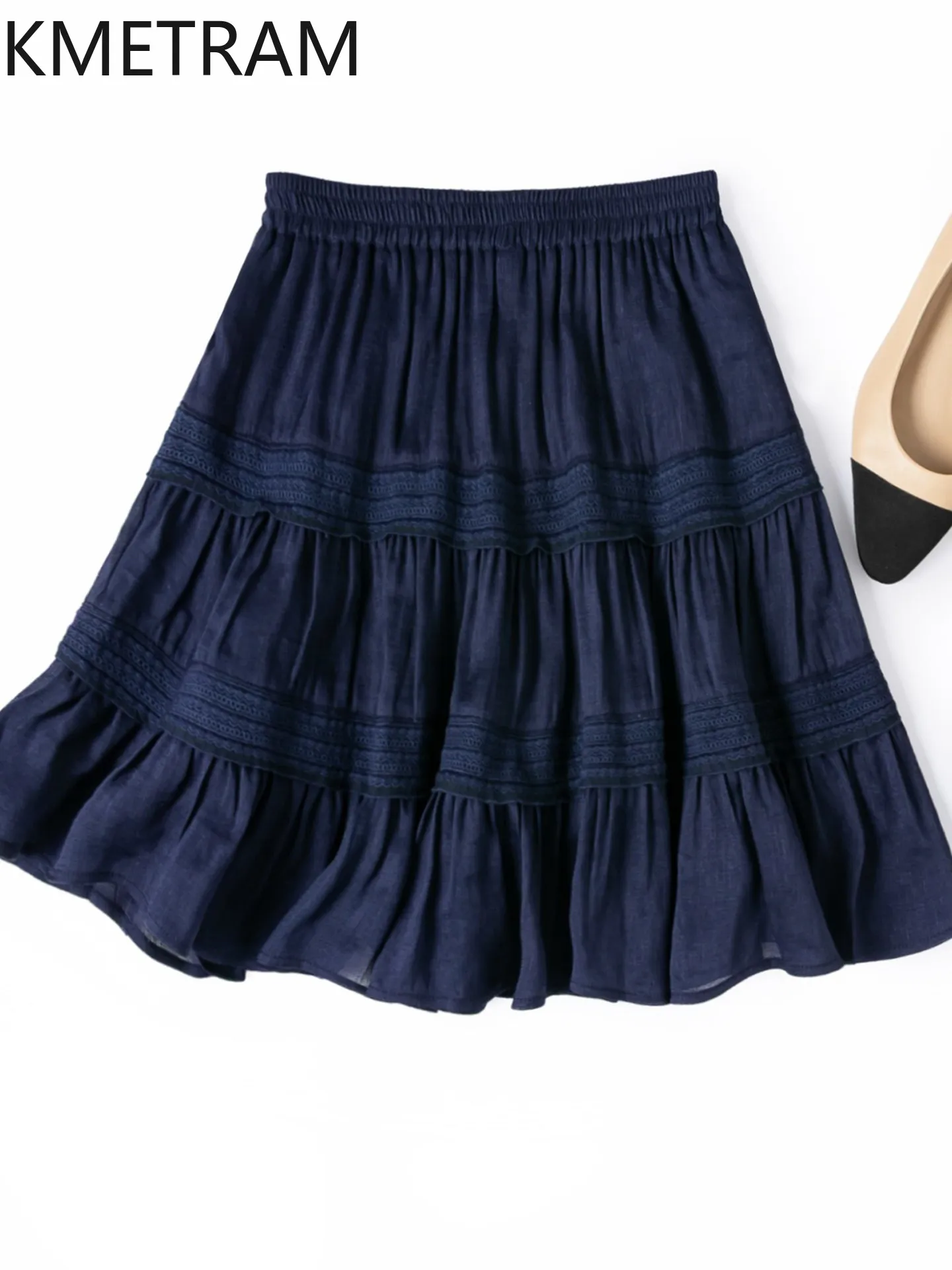 KMETRAM 50% Mulberry Silk 50% Linen Women's Skirts Elastic Waist Mini Skirt  A-Line Skirts with Lining Summer Woman Clothes 2026