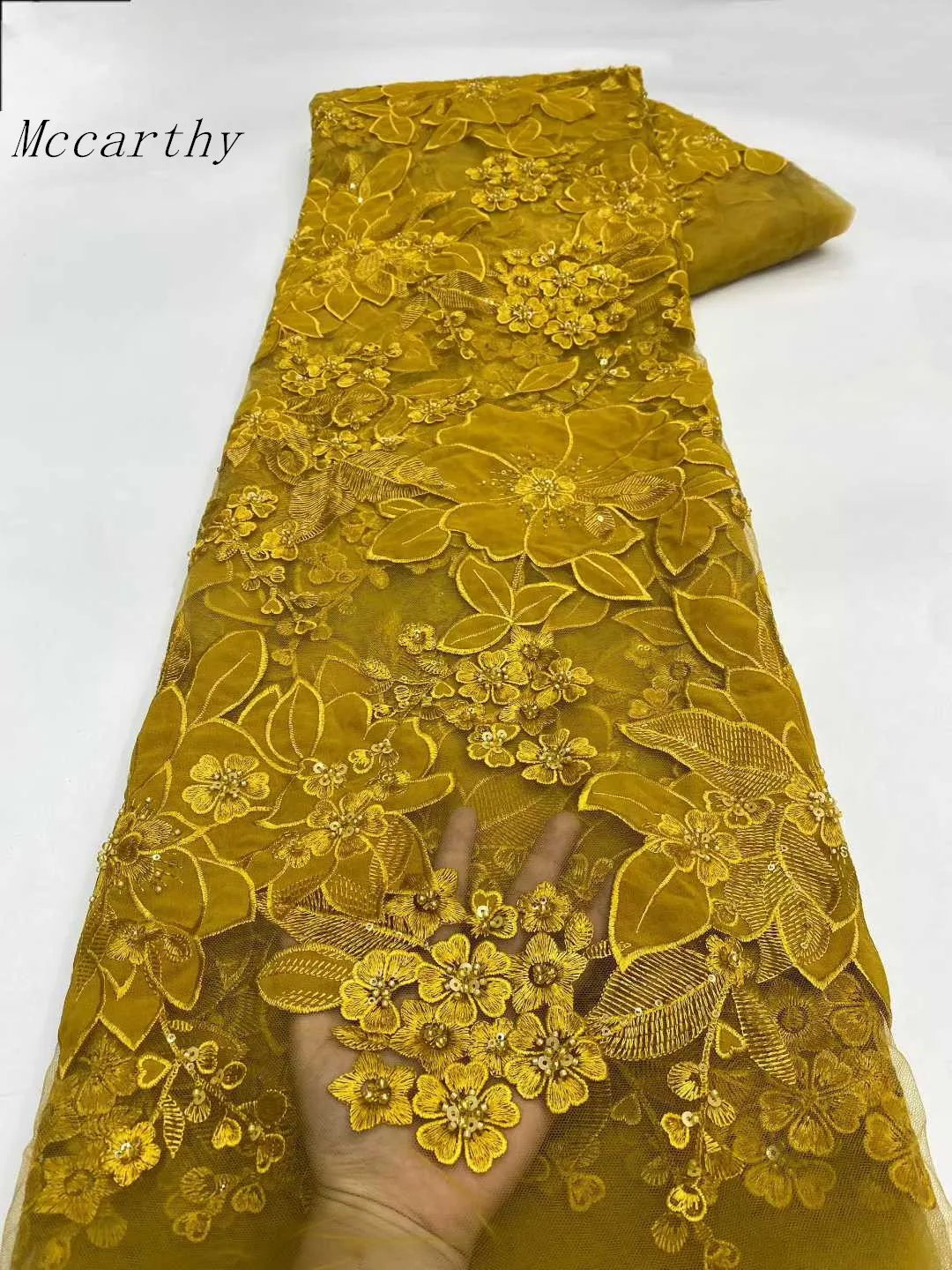 

Mccarthy Luxury Hand Beaded Lace Fabric for Bridal High-End Wedding Tulle with French Nigerian Sequins Beads Embroidery 5 Yards