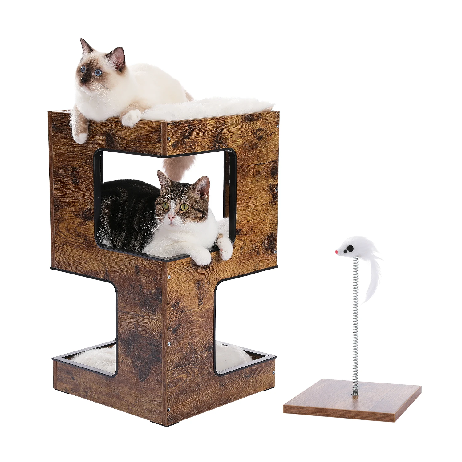 Holz-Katzenhaus mit Abnehmbaren Weichen Matten Moderner Katzenbaum mit Kratzmatte Katzen-Kratzmöbel Kätzchen-Spielzeug