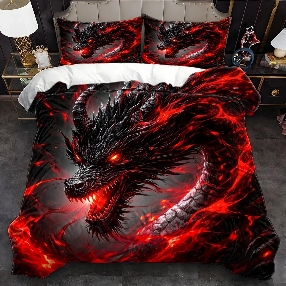 3Pc Dark Dragon Duvet Cover Set, All Season Machine Washable Bedding with 2 Pillowcases, Invisible Zipper for Double Bed