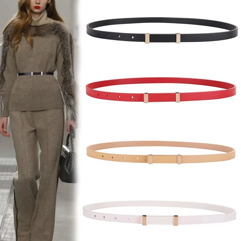 

Fashionable women's slim belt with gold metal buckle and genuine leather belt, suitable for dresses and jeans styling