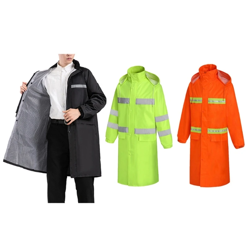 

Rain High Visibility Workwears Safety Concealed Hood Fluorescent Flashing Hooded Long Length Waterproof Work Coat