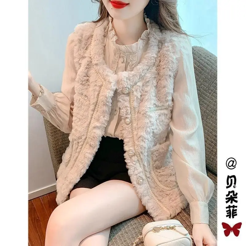 Xiaoxiangfeng Faux Fur Vest Women's Plush Coat Internet Famous Brushed Flower and Cotton Vest Worn Outside with Camisole