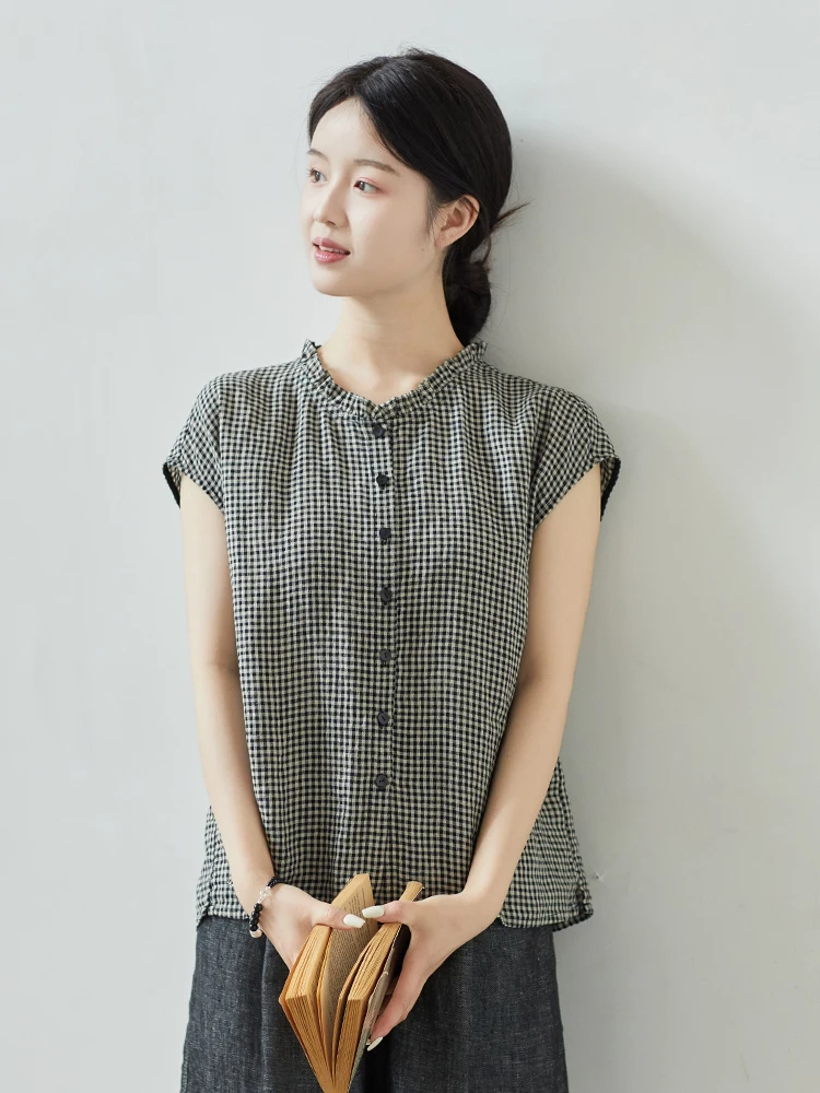 

Wanheng A97 Summer New Cheered irt round Ne Svel Women's Loose Fit Linen Blend Breathable Thin Sle Artistic