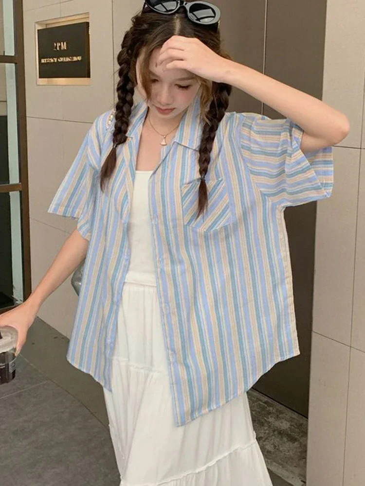 

Свободная винтажная полосатая рубашка, женская повседневная корейская блузка с коротким рукавом, летняя карманная ретро универсальная женская рубашка с ленивым ветром, новинка