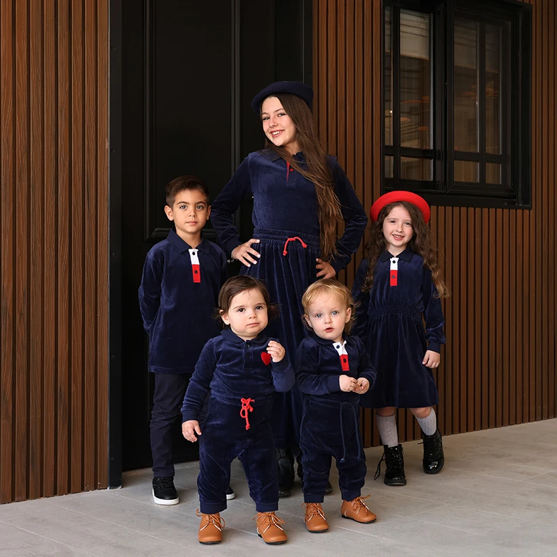 Family Clothes Navy Velour Set Girls Dress Boys Shirt baby Romper Older 2 Pieces Set Long Sleeves Children Outfit Clothes