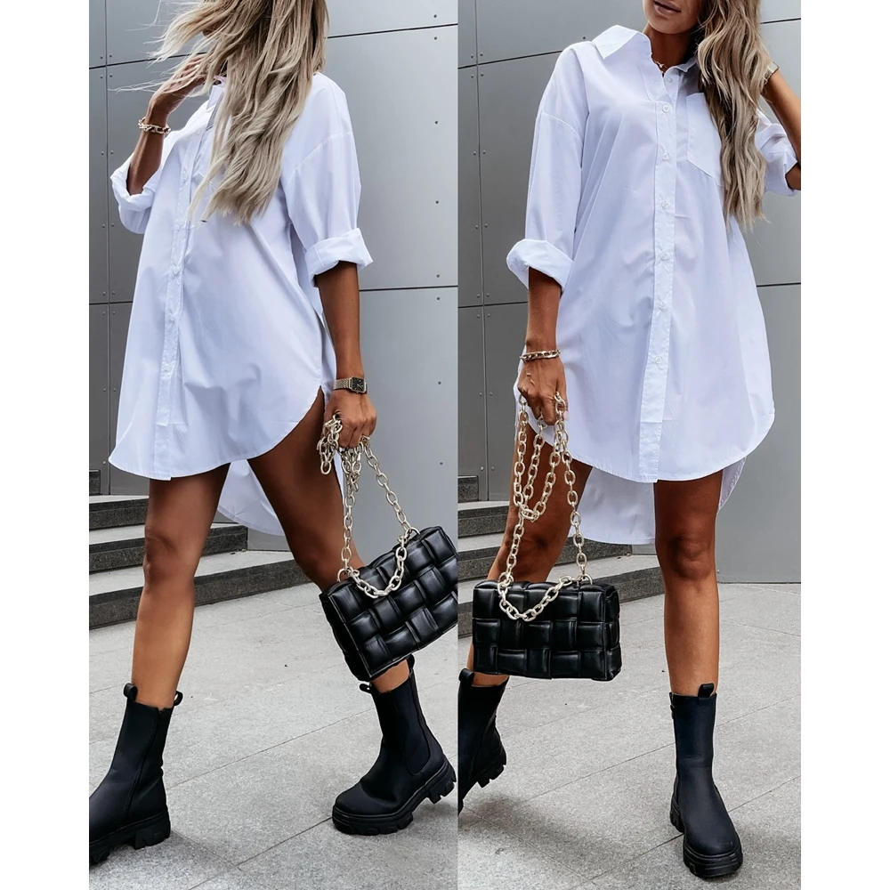 

Women Summer Irregular Hem Buttoned White Long Sleeve Shirt Dress Elegant Office Lady Mini Dress Outfit White Top Shirt Workwear