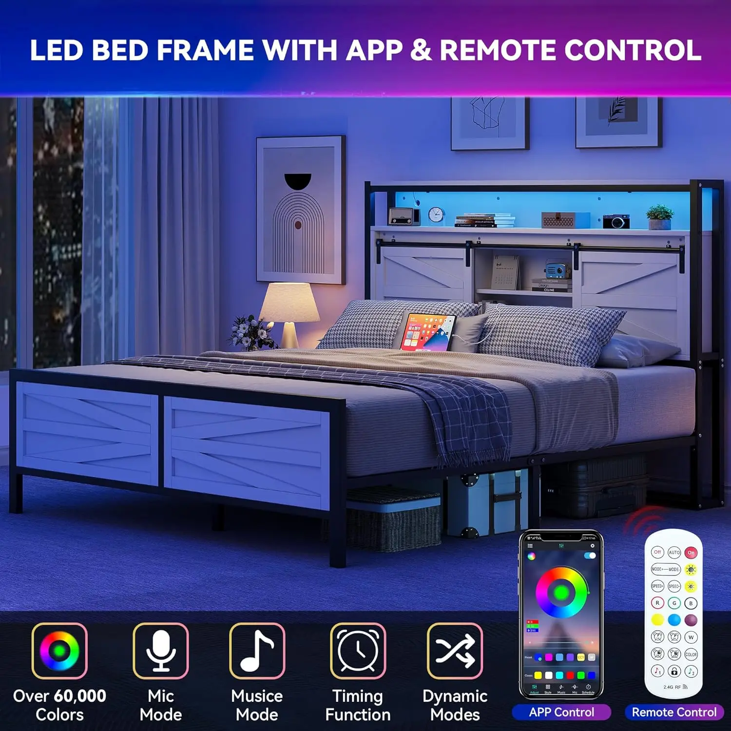 Farmhouse Queen Bed Frame com Armazenamento Estante Cabeceira, Plataforma Cama Frame com Luzes LED e Estação de carregamento, Branco