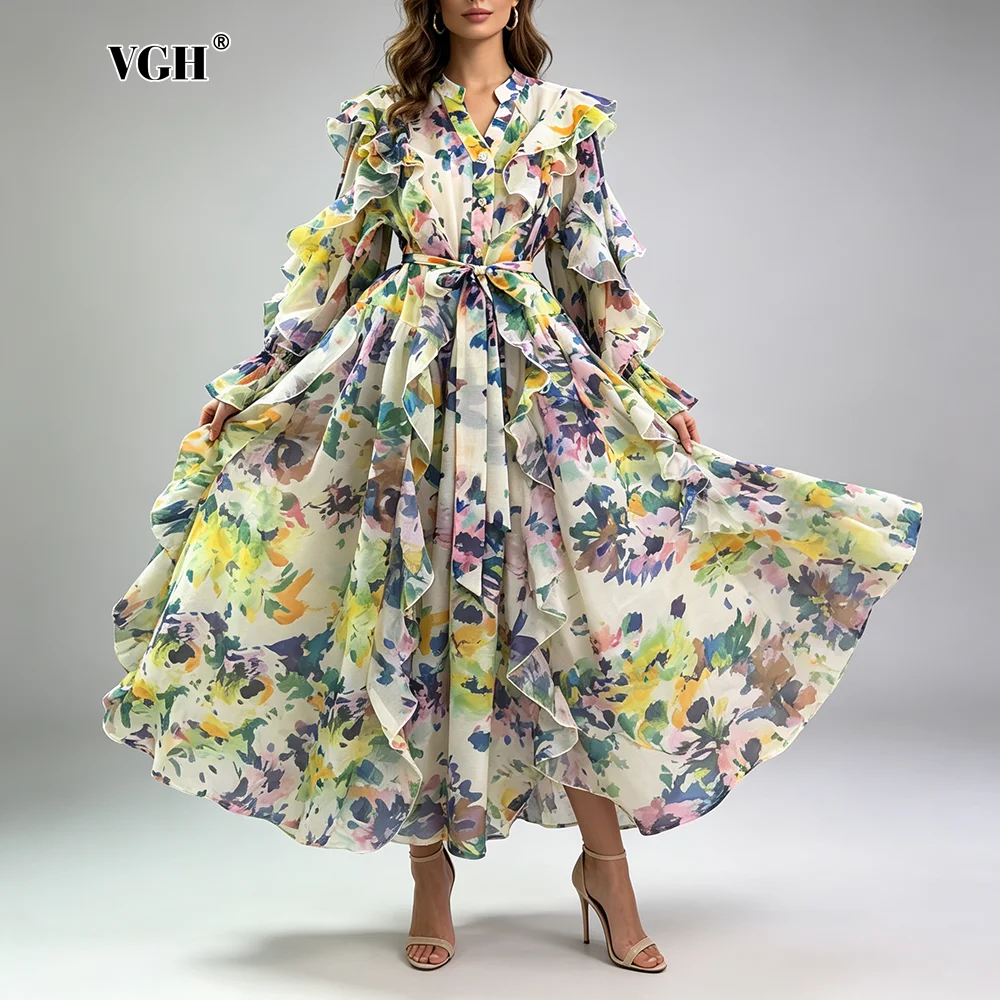 

VGH Elegant Tie Dye Printing Long Sleeves Dress for Women V Neck Spliced Buttons Tiered Design Midi Skirt for Birthday Parties