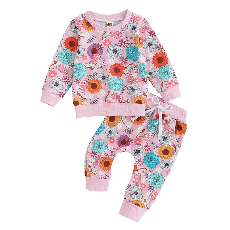 

Western Baby Girl Sweatshirt and Sweatpants Set Toddler Floral Shirt Infant Long Sleeve Cow Print Pants Outfits 0-3T