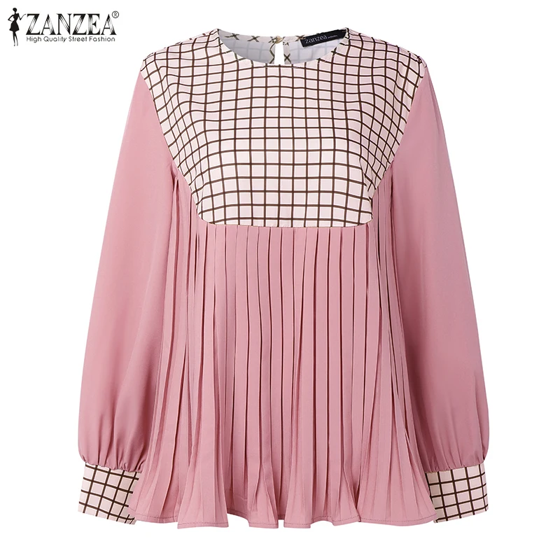 2026ZANZEA Frauen O Hals Langarm Tops Herbst Bluse Frühling Elegante Gefaltete Arbeit Hemd Patchwork Blusas Mujer Pullover Femme