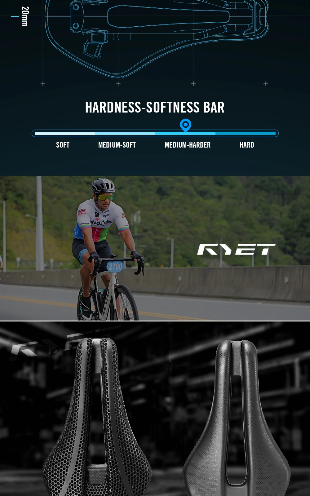 RYET 3D-Gedruckter 167g/199g TT-Sattel, 242x133mm Carbonfaser-Schiene Kurznasen-Aero-Design für Zeitfahr- und Triathlon-Fahrradteile – Detail 4