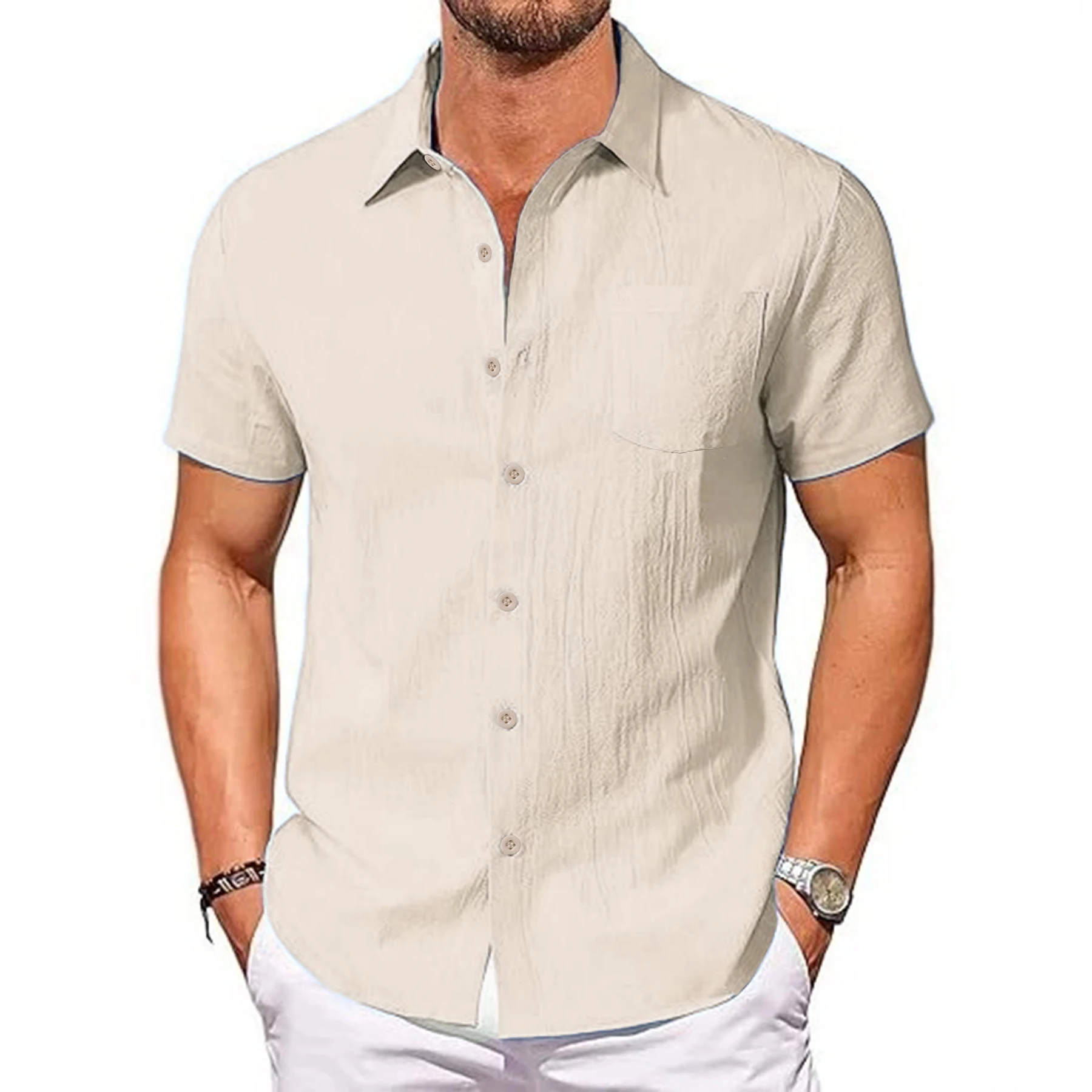 Summer New Cotton Linen Shirt for Men Breathable Lightweight Turn Down Collar Male Stylish Short Sleeve Shirts Fashion Clothing