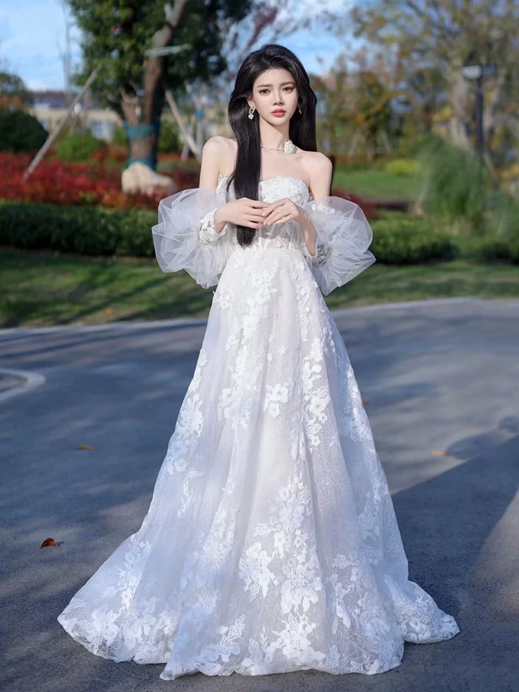 

Ele Lace Fi Tail Wedding Dr Long Sve Strapl Gown for Bride Simple Outfit Fairy T Vintage Sle Evening Gown