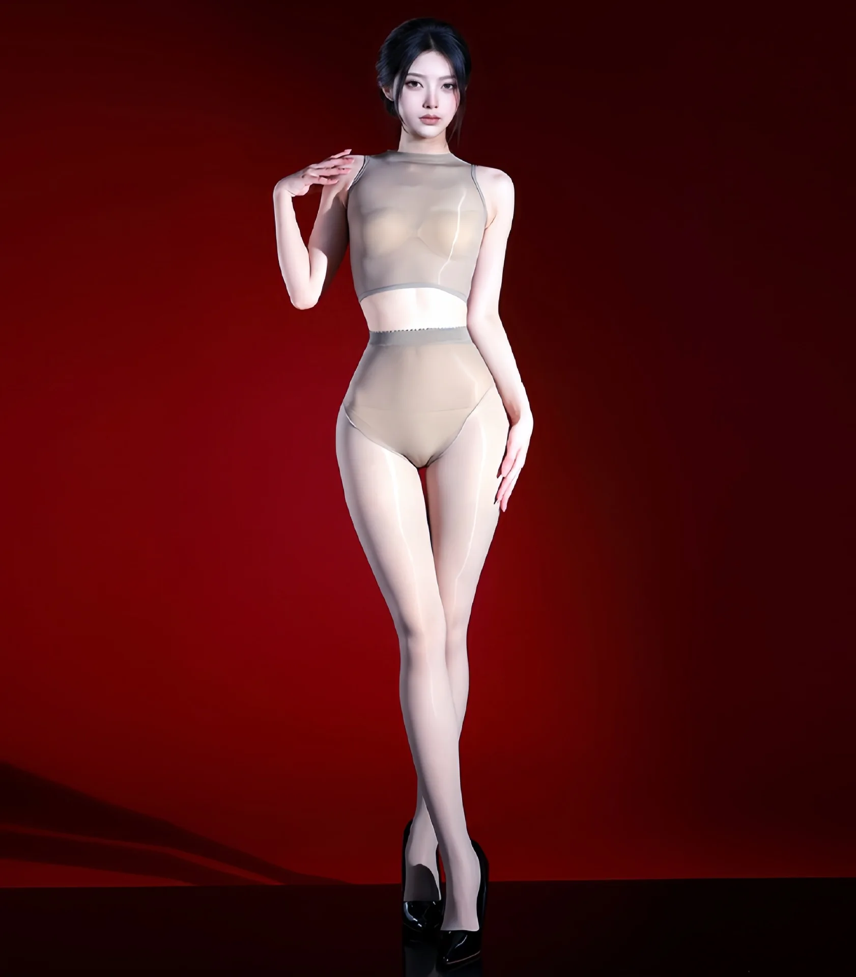 5D Sheer Lingerie Set Women Glossy Sleeveless Tank Top High Waist Pantyhose Elastic See Through Two Piece Yoga Shaping Sleepwear