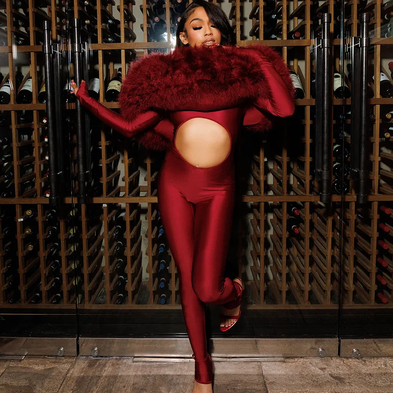 

Sexy Fur Off Shoulder Jumpsuits 2025 Women Winter Fall Party Club Elegant Bodycon Luxury One Piece Jumpsuit Bodysuit Playsuit