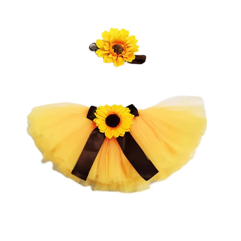 Baby Photography Unique Sunflower Design Adorable Newborn\'s Outfit Chinese Tutu Bow Skirt Flower Headdress for 0-1month