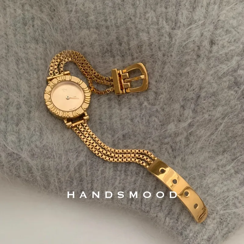 2024 New Gold Plated Bracelet, Antique Hand Decoration, Quartz Women's Watch, Light Luxury, Simple and Compact Lover Gift