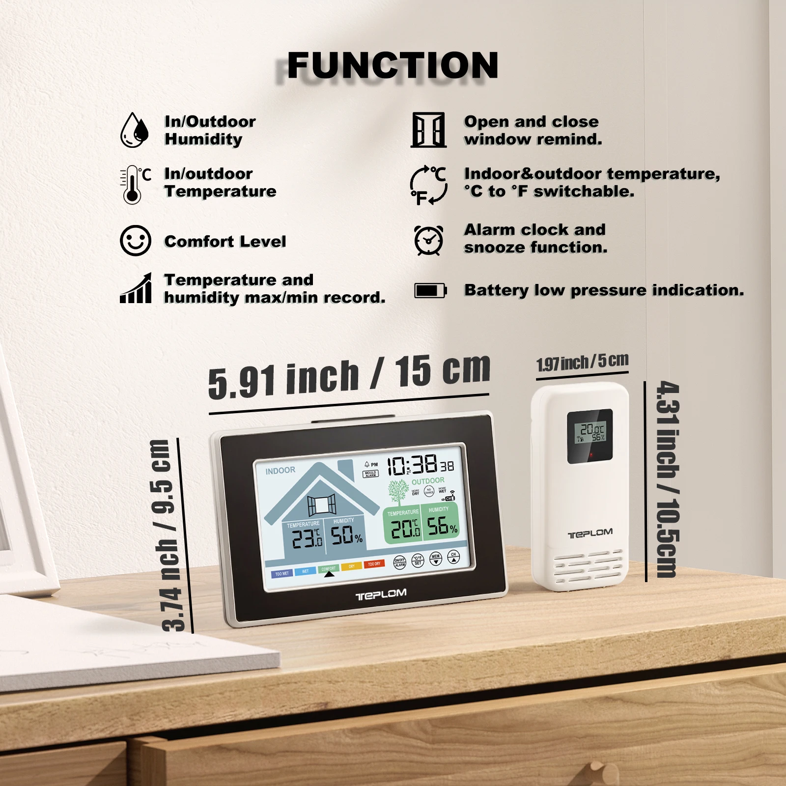 Black 5055C Multifunctional Wireless Thermometer Hygrometer Alarm Clock Calendar Indoor Outdoor Temperature And Humidity Monitor