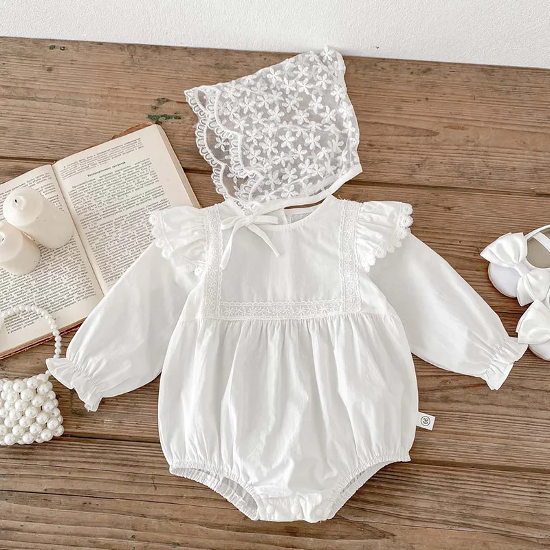 2024 New Spring Korean Style Climbing Suit Toddler Baby Girls Long Sleeved Romper+Hat+Mesh Dress Infant Baby Girls Jumpsuit