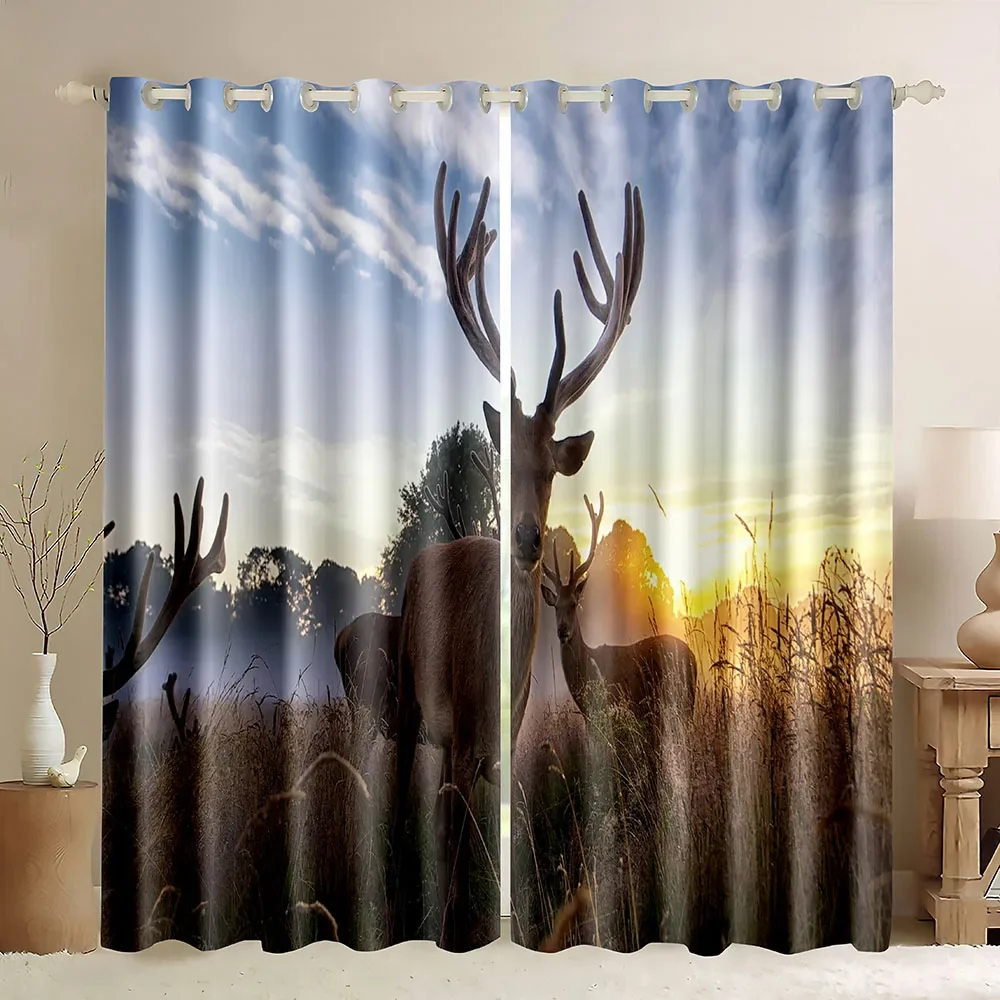 Deer Blackout Curtain,Forest Rustic Wildlife Moose Elk Pine Forest Window Curtains for Living Room Office Decor Window Drape