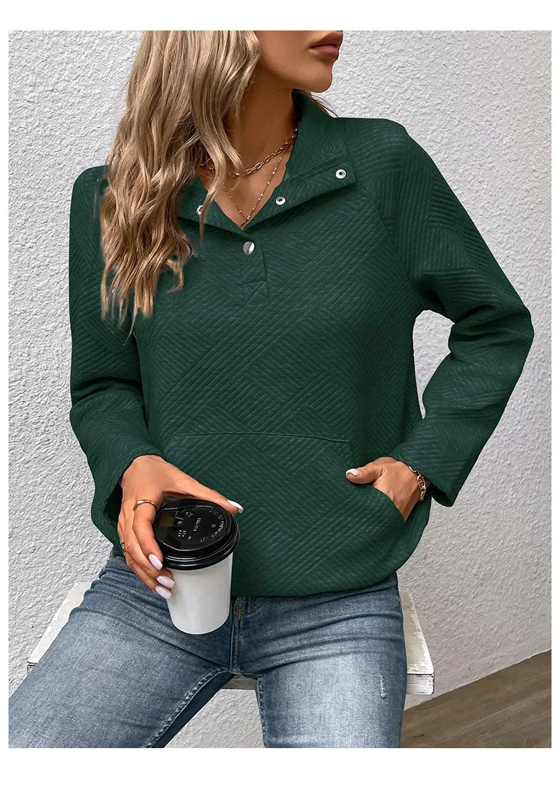 Casual Long Sleeve Hoodie Regular Fit Simple Style with Pocket Stand Collar Patchwork Lightweight Single Women Hoodie Autumn
