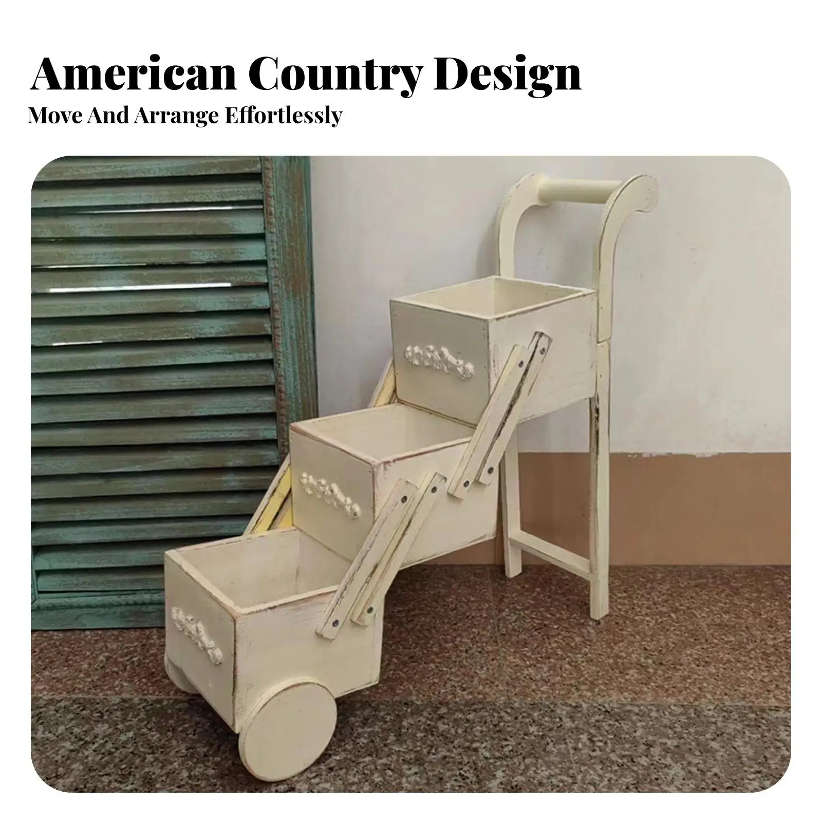 Vintage Mini Pushcart Planter Solid Wood 3-Tier Wooden Planter Cart Distressed Finish Rustic Tiered Storage Trolley for Garden,