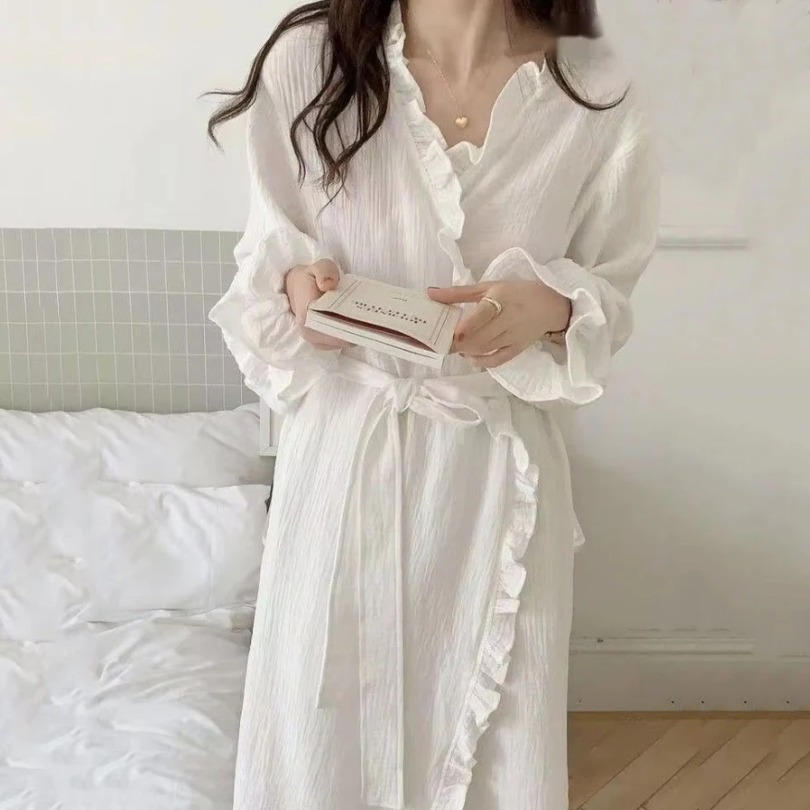 

Ruffles Bathrobe Sweet Home Clothes Korean Style Women Pajama Simple Sleepwear Mid-length Nightgown Spring Elegant Nightdress