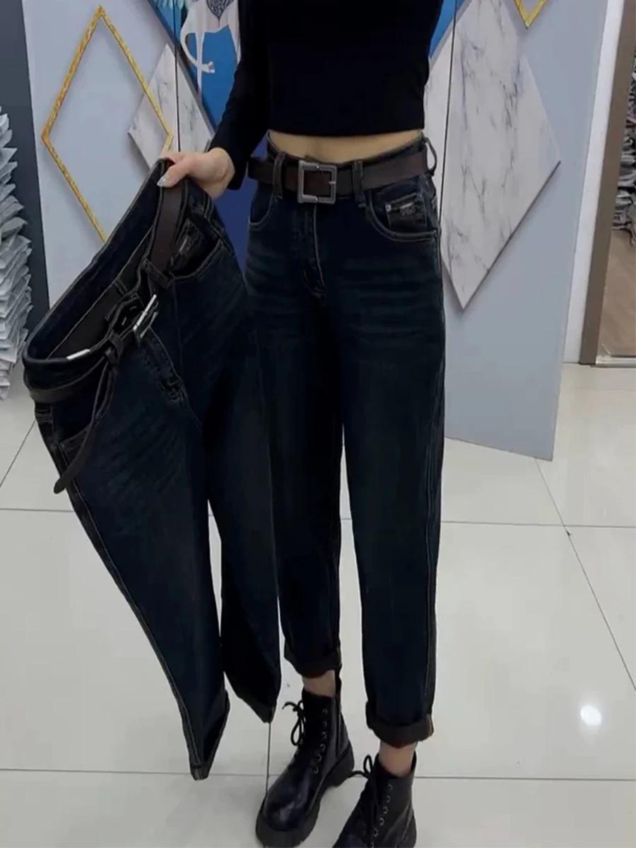 

Джинсы женские прямые с высокой талией, эластичные, длиной 7/8, осенне-зимние, больших размеров, свободные, в стиле «папа-джинсы», карго-брюки