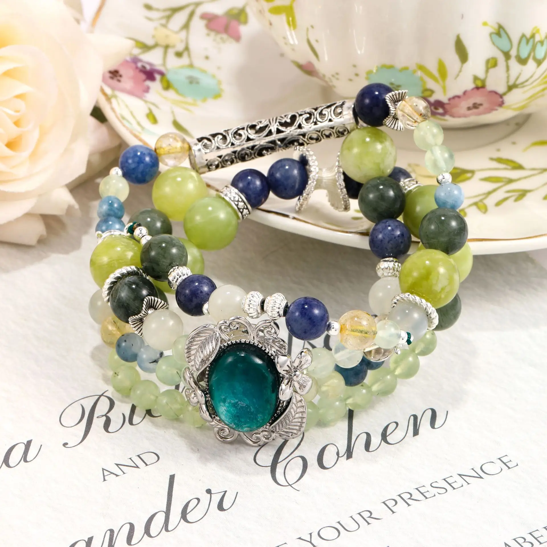 

Natural Xiuyu Jade, Rutilated Quartz, Prehnite, Lepidolite Crystal Bracelet