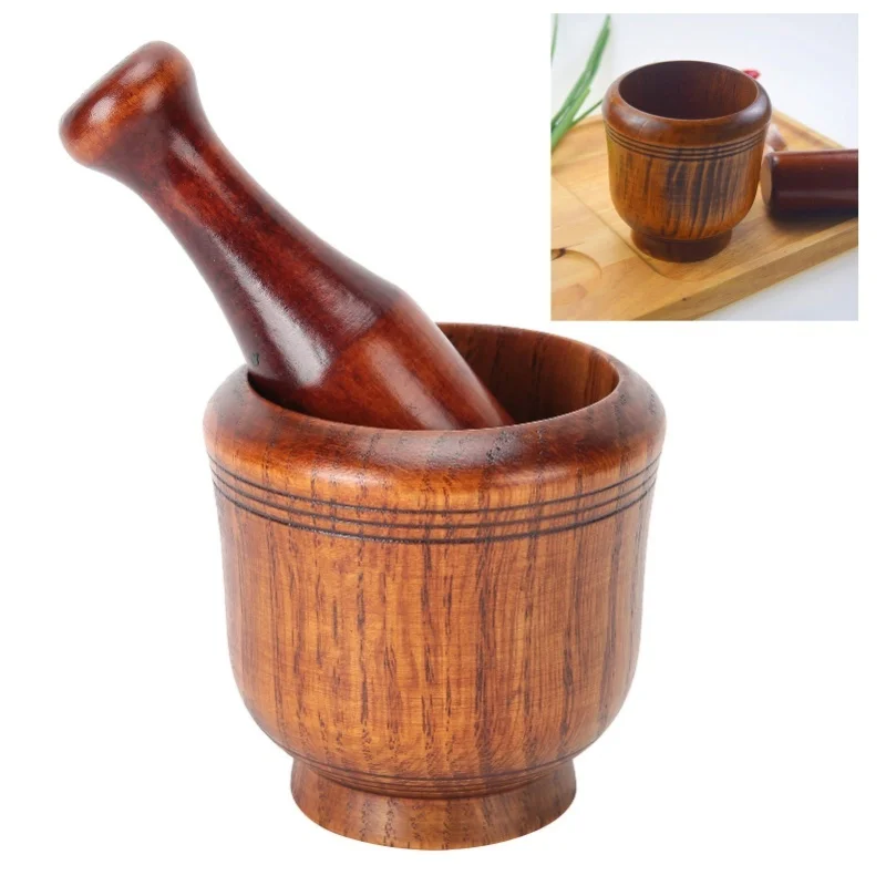 D2 Wooden Grinding Bowl Household Kitchen Manual Garlic Ginger Spices Grinder Mortar Pestle Set Grinder Bowl Garlic Cook Tools