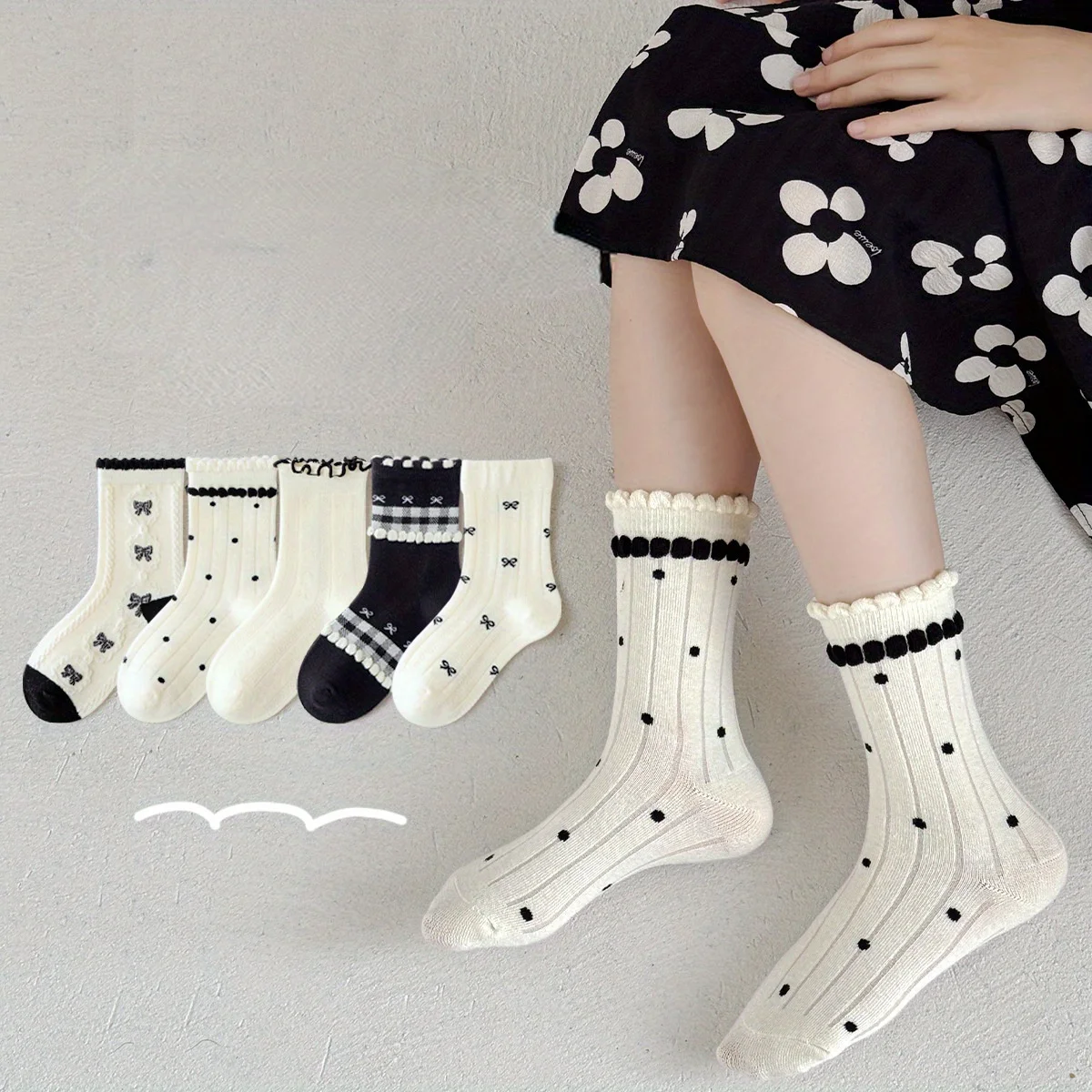 5 Pairs Girls Bow Dot Socks Ruffle Trim Mid‑Calf Socks Sweet Cute Plaid Soft Cotton Breathable Kids Socks