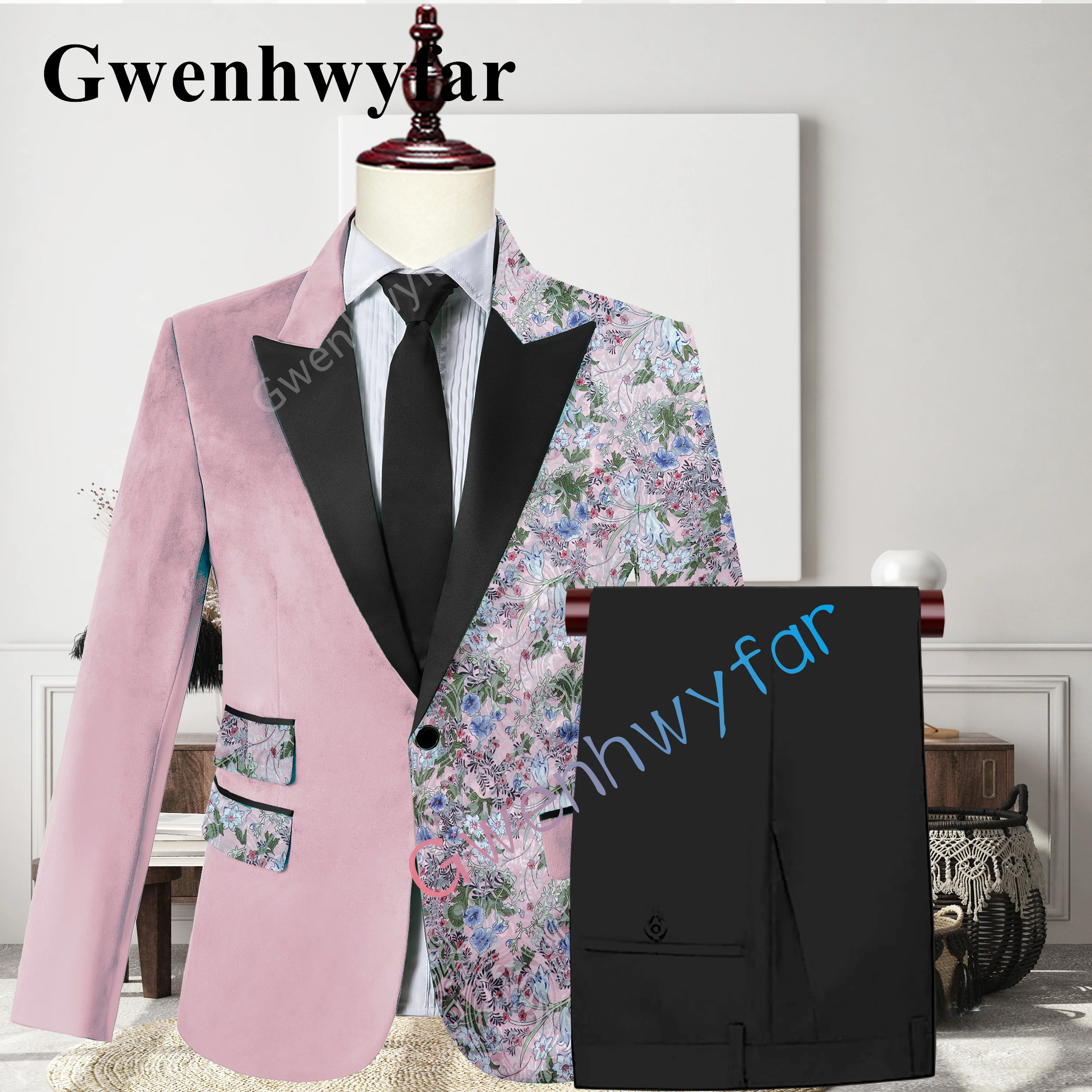 Gwenhwyfar New Design Single-breasted Velvet Patchwork Wedding Groom Jacquard Neck Suit Casual Tuxedo Fashion Green Suit 2 Piece