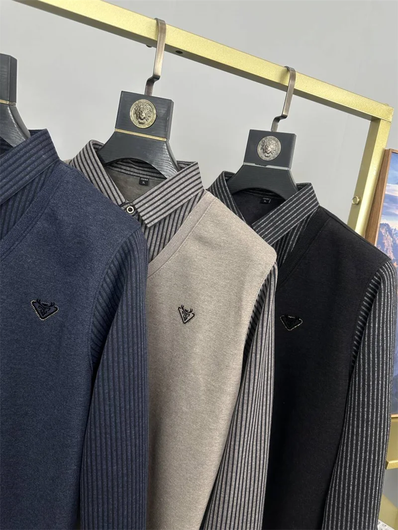 

Мужской вязаный жилет-обманка (имитация двухслойности) из флиса, утепленный, осенне-зимний, теплый, в полоску, для делового и повседневного стиля