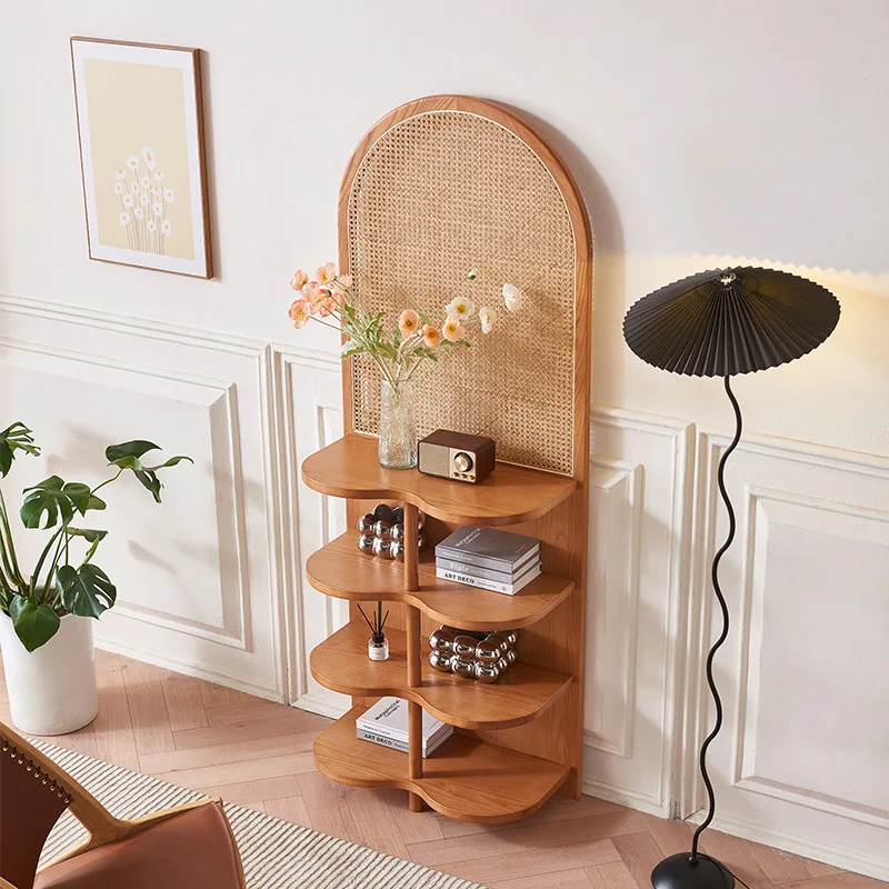 Japanese-style solid wood screen partition, living room, homestay rattan rack, small apartment block, simple magazine bookshelf