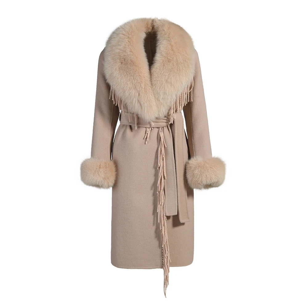 

Jxwatcher Women’s Real Fox Fur Collar Wool Coat Lady Winter Jacket Long Cashmere Wool Blend Coat with Tassel Belt Slim Outerwea